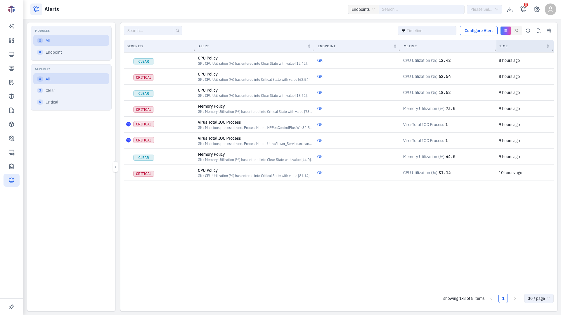 The Alerts list with the Modules and Severity filters on the left and the alert table on the right
