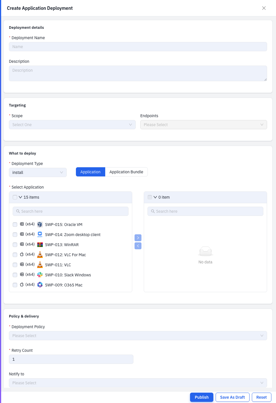 The Create App Deployment form