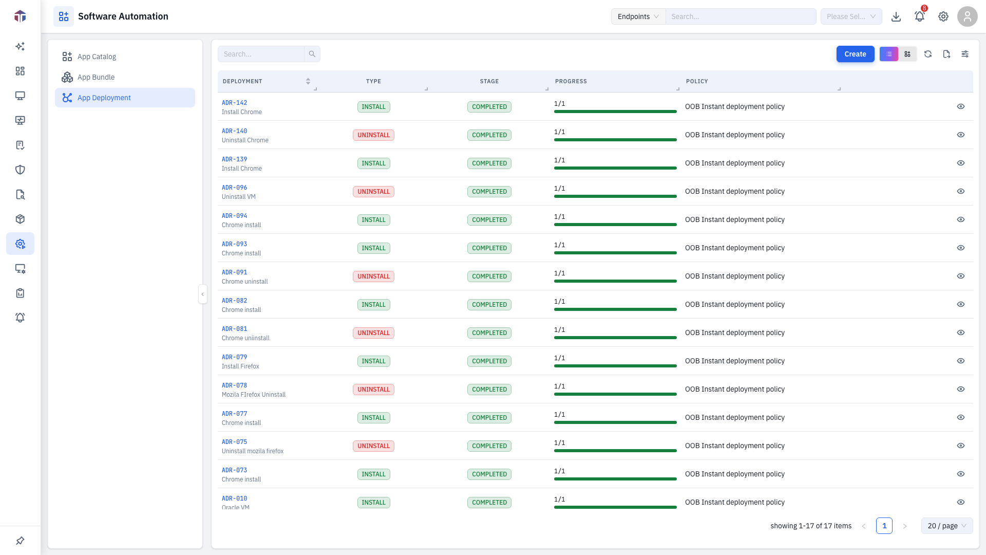 The App Deployment list with stage and progress counts