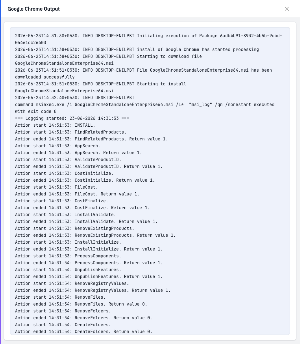 The task output log for one endpoint, showing the step-by-step execution output