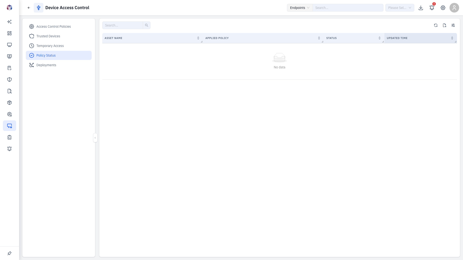 The Device Access Control policy status list