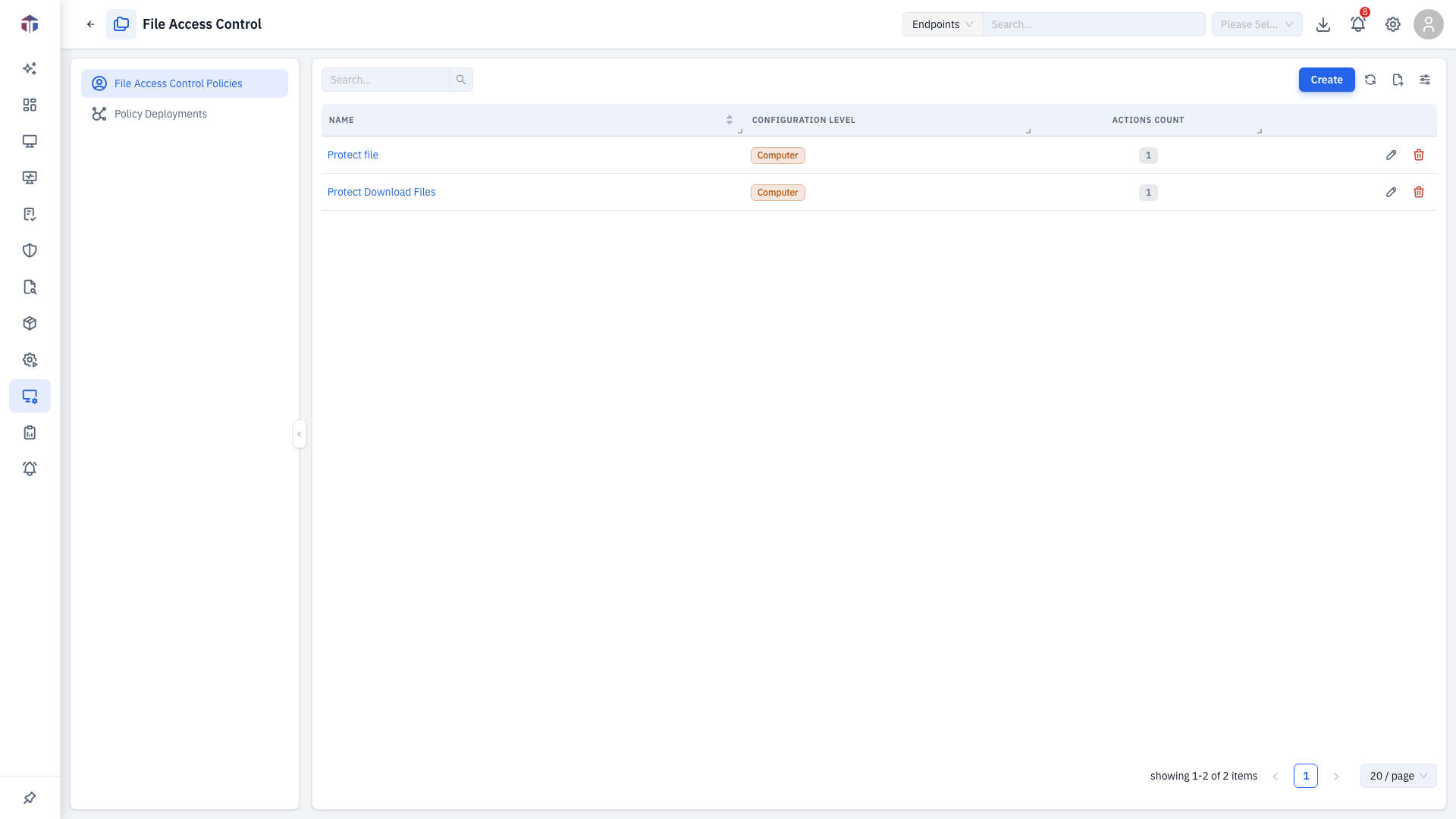 The File Access Control policies list