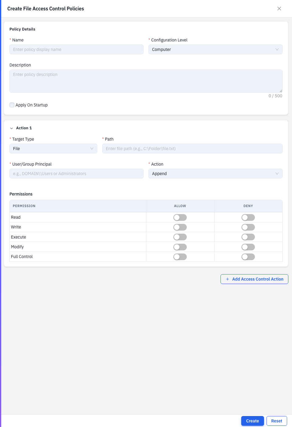The Create File Access Control policy form