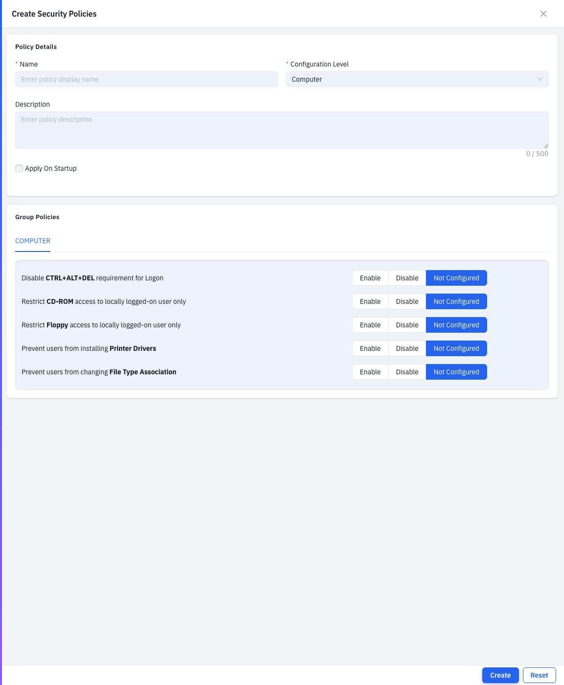 The Create Security Policy form