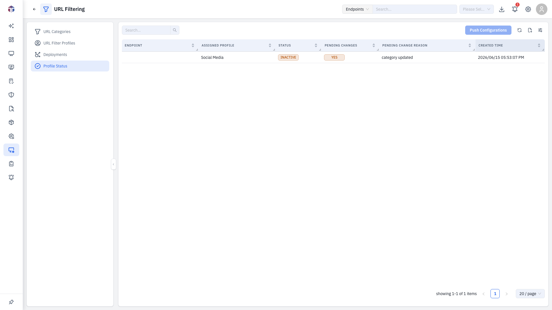 The URL Filtering profile status list