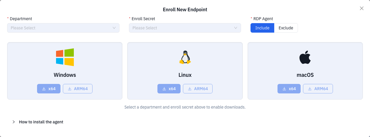 The Enroll New Endpoint dialog: Department, Enroll Secret, and RDP Agent fields above the Windows, Linux, and macOS download options