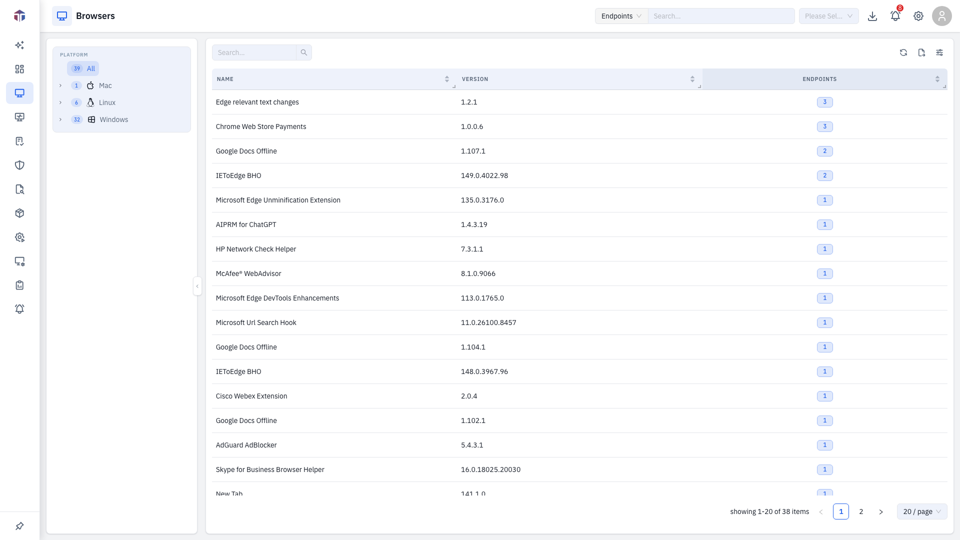 The fleet-wide Browsers list