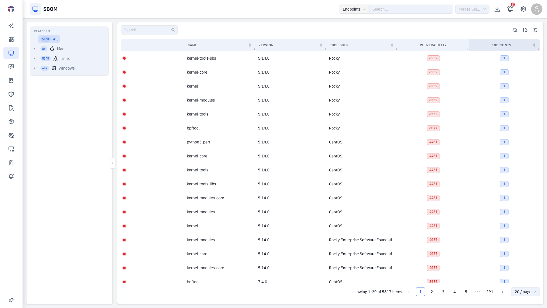 The SBOM software list with the filter pane and the software table