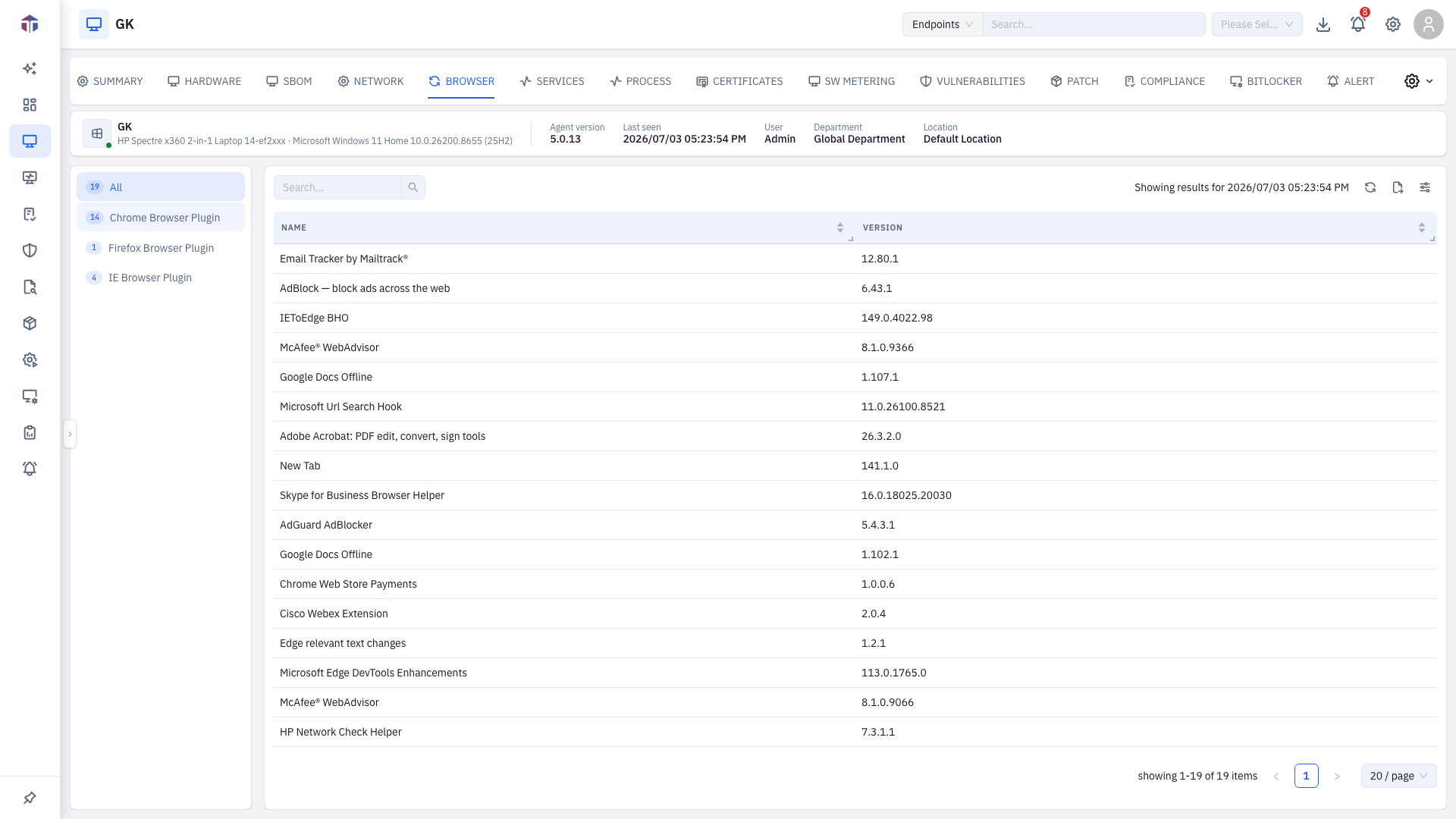 The Browser tab listing installed browsers