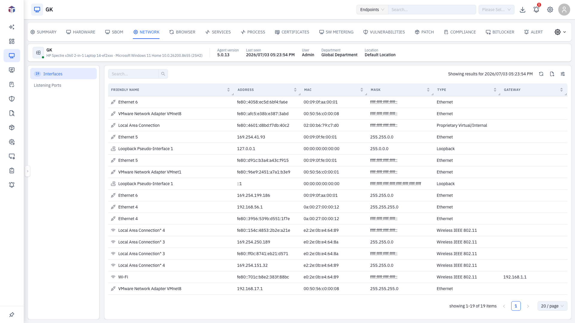 The Network tab on the Interfaces sub-section