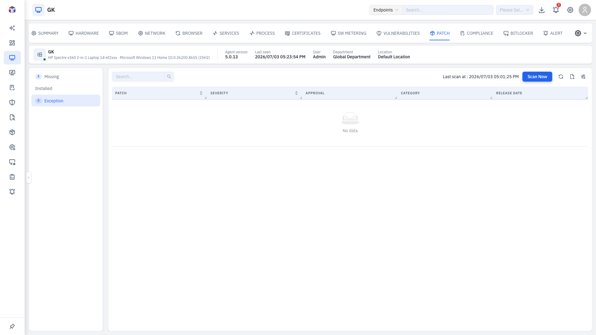 The Patch tab on the Exception sub-section