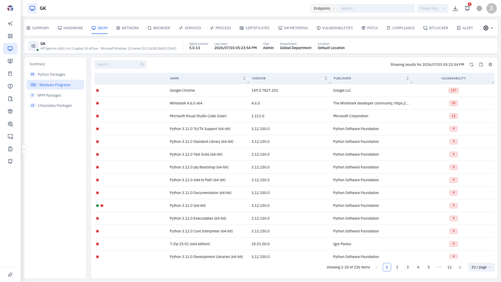 The SBOM tab showing the installed-package list