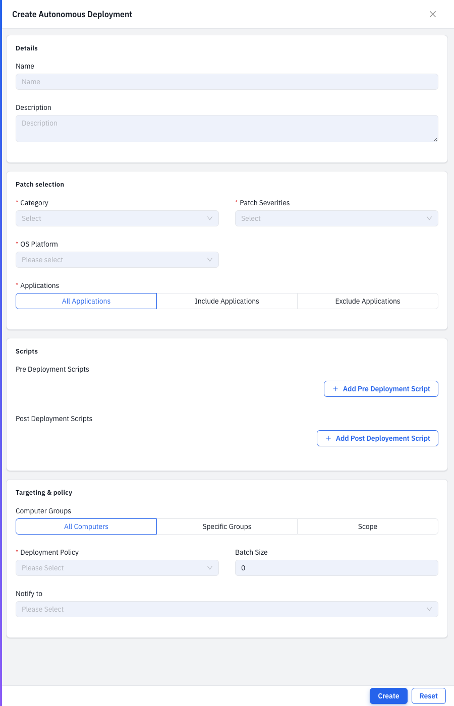 The Create Autonomous Deployment form
