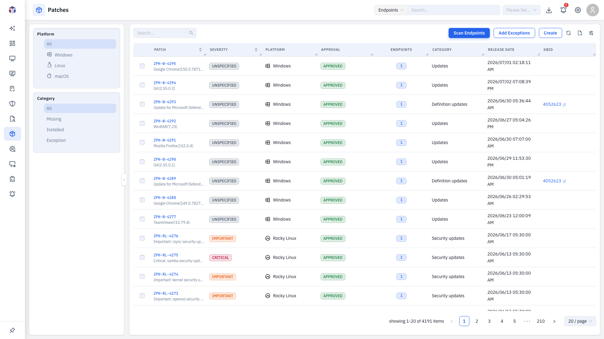 The Patches list with platform/state filters and the patch table