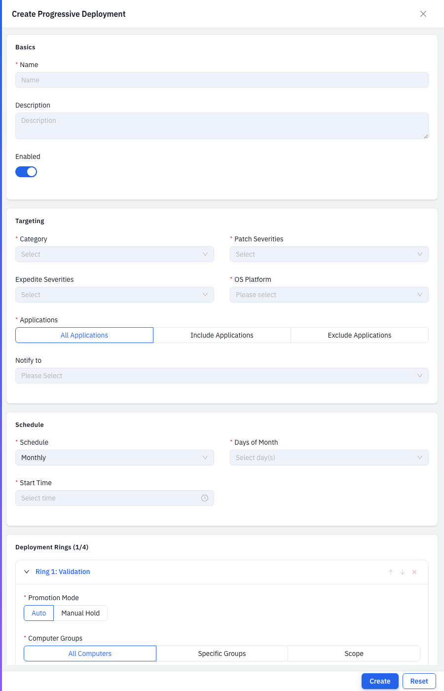 The Create Progressive Deployment form with deployment rings