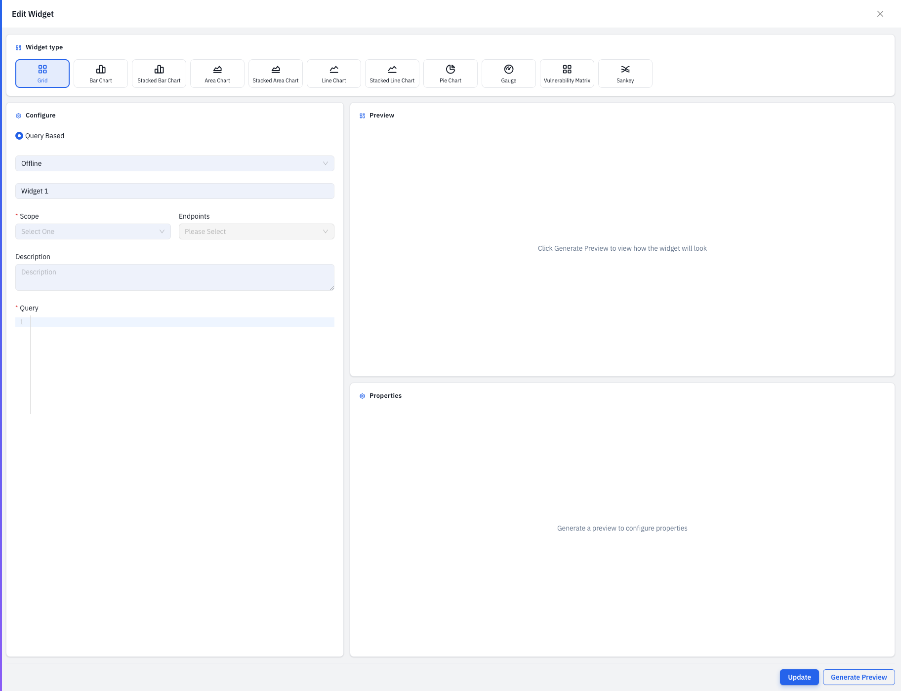 The Add New Widget menu- Create New or Choose Existing Widget