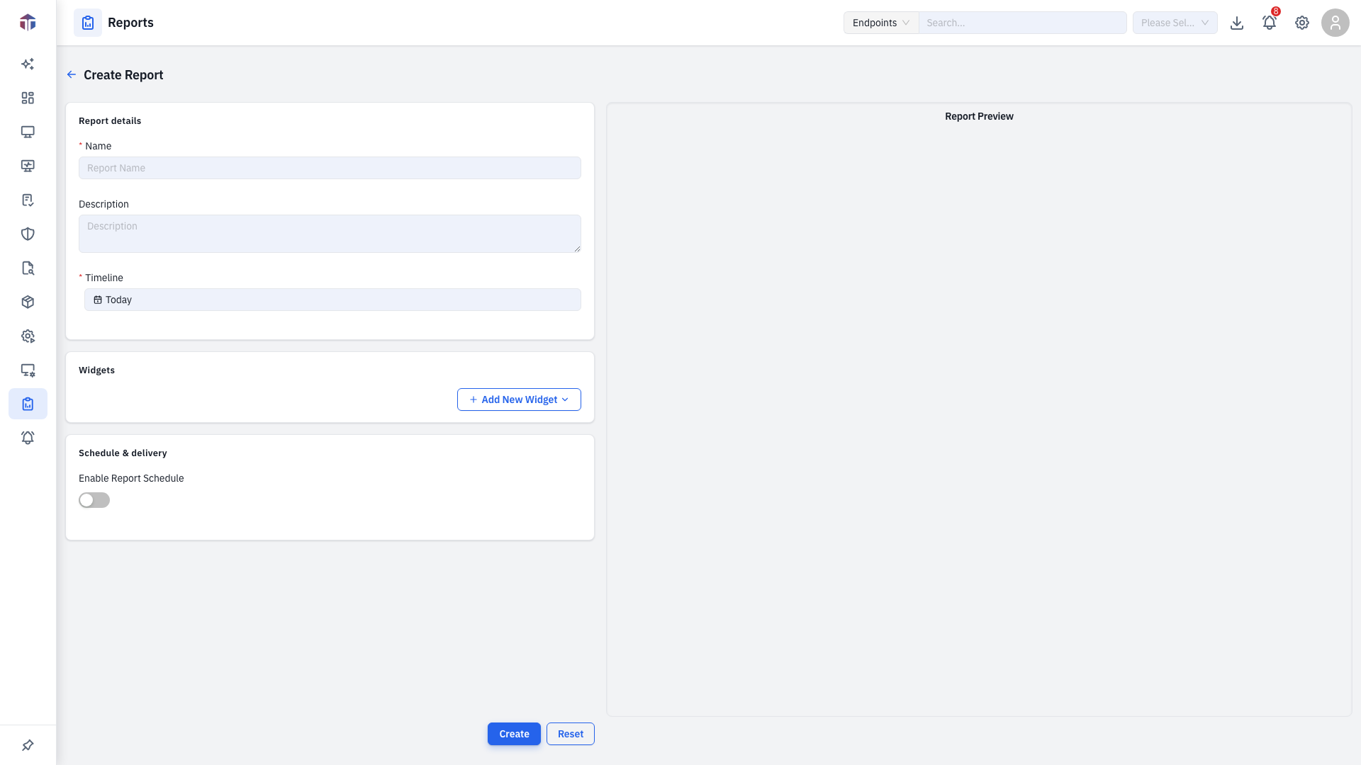 The report builder- fields and the widget list on the left, a live preview of the report on the right