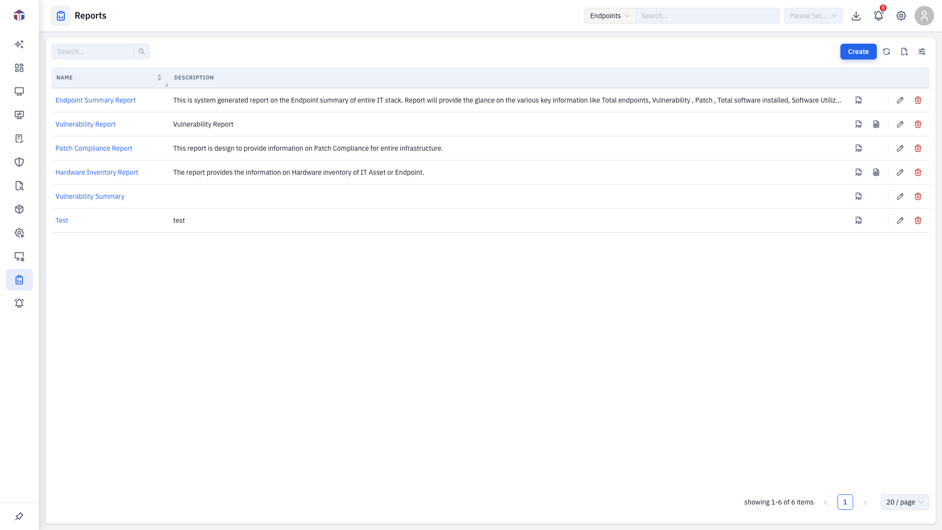 The Reports list with per-report download buttons