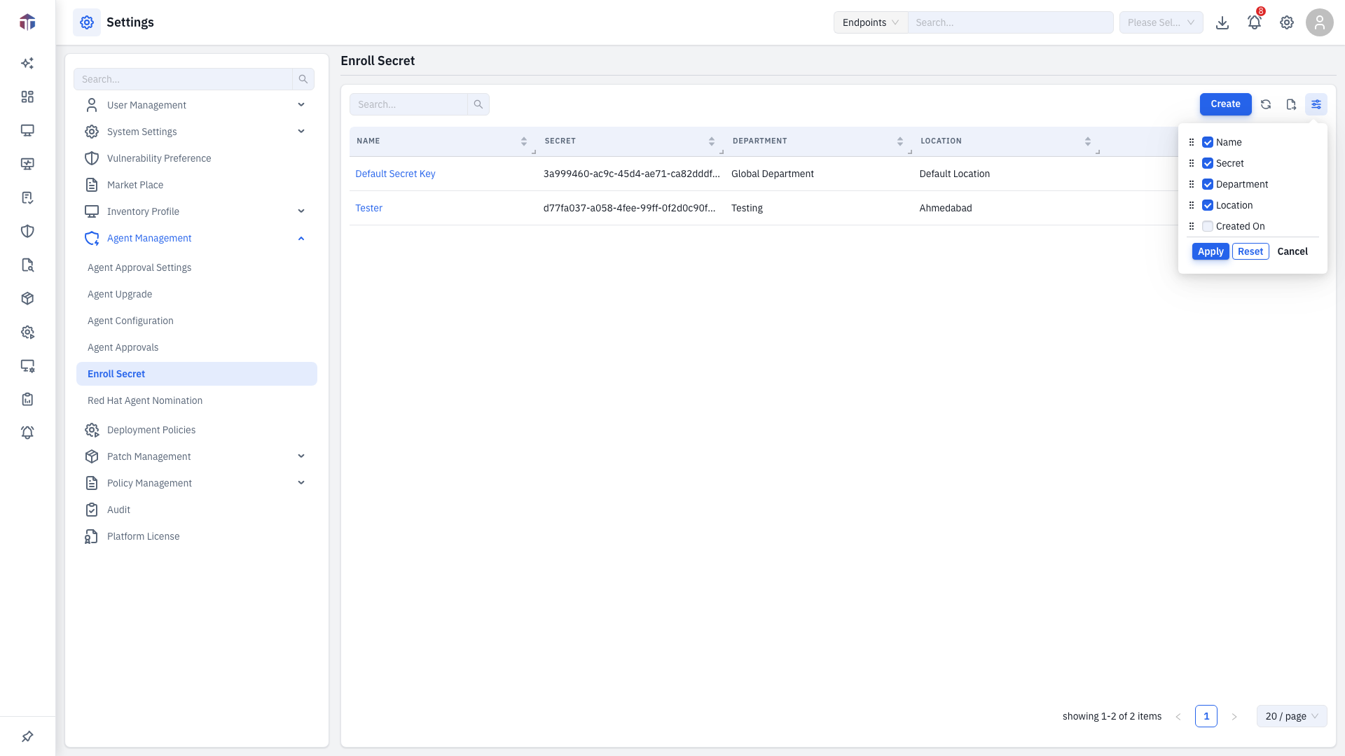 Enroll Secret column picker