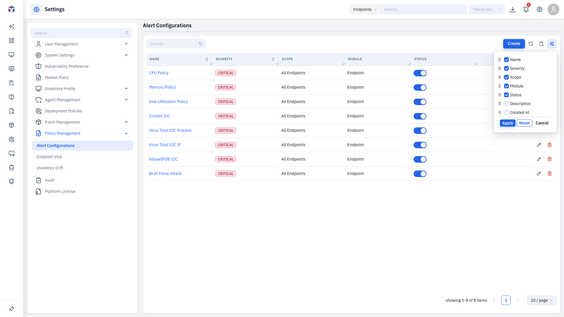 Alert Configurations column picker