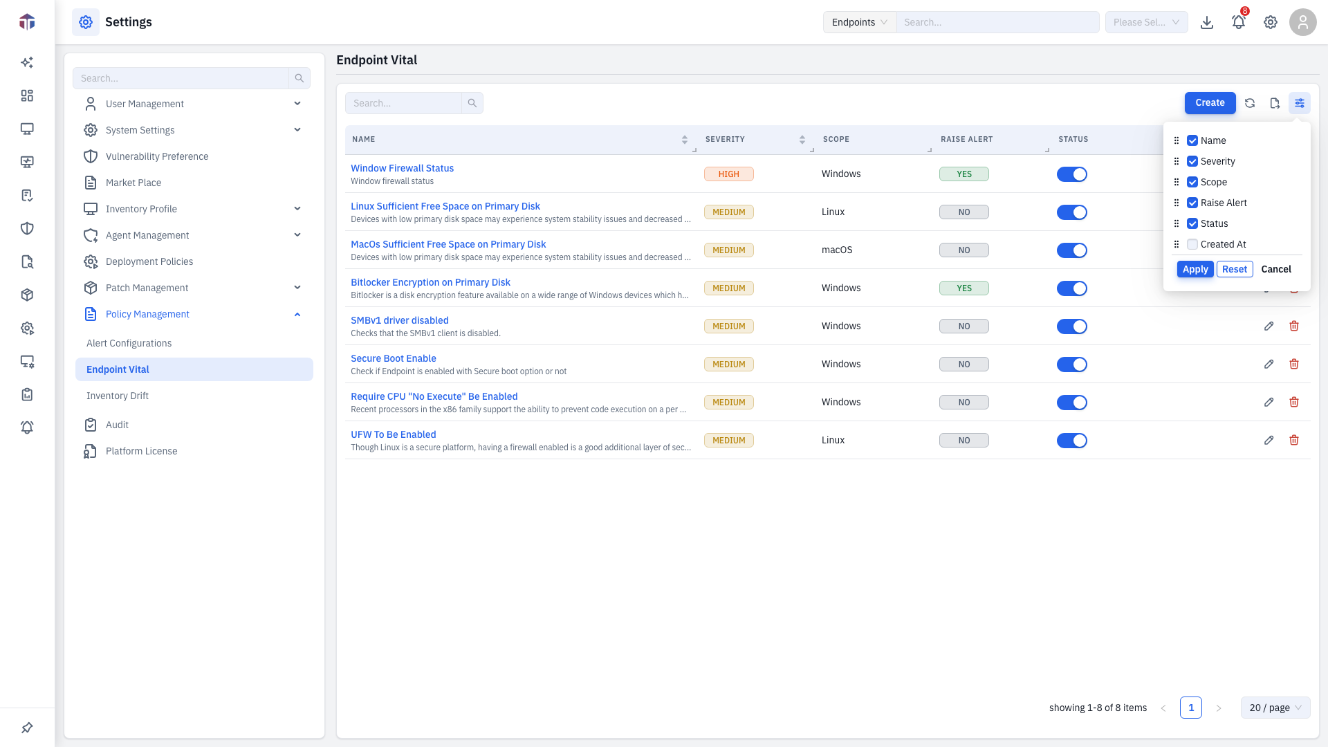 Endpoint Vital column picker