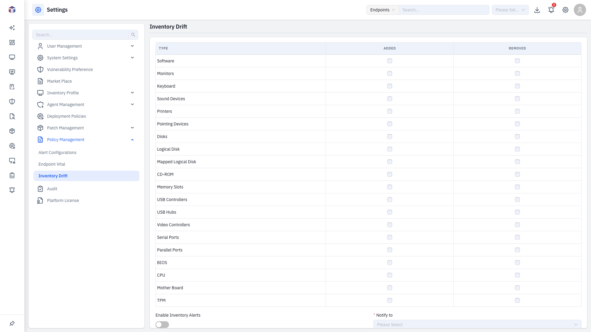 Inventory Drift settings