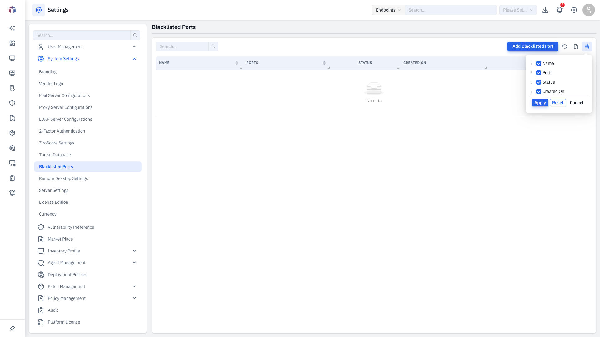 Blacklisted Ports column picker