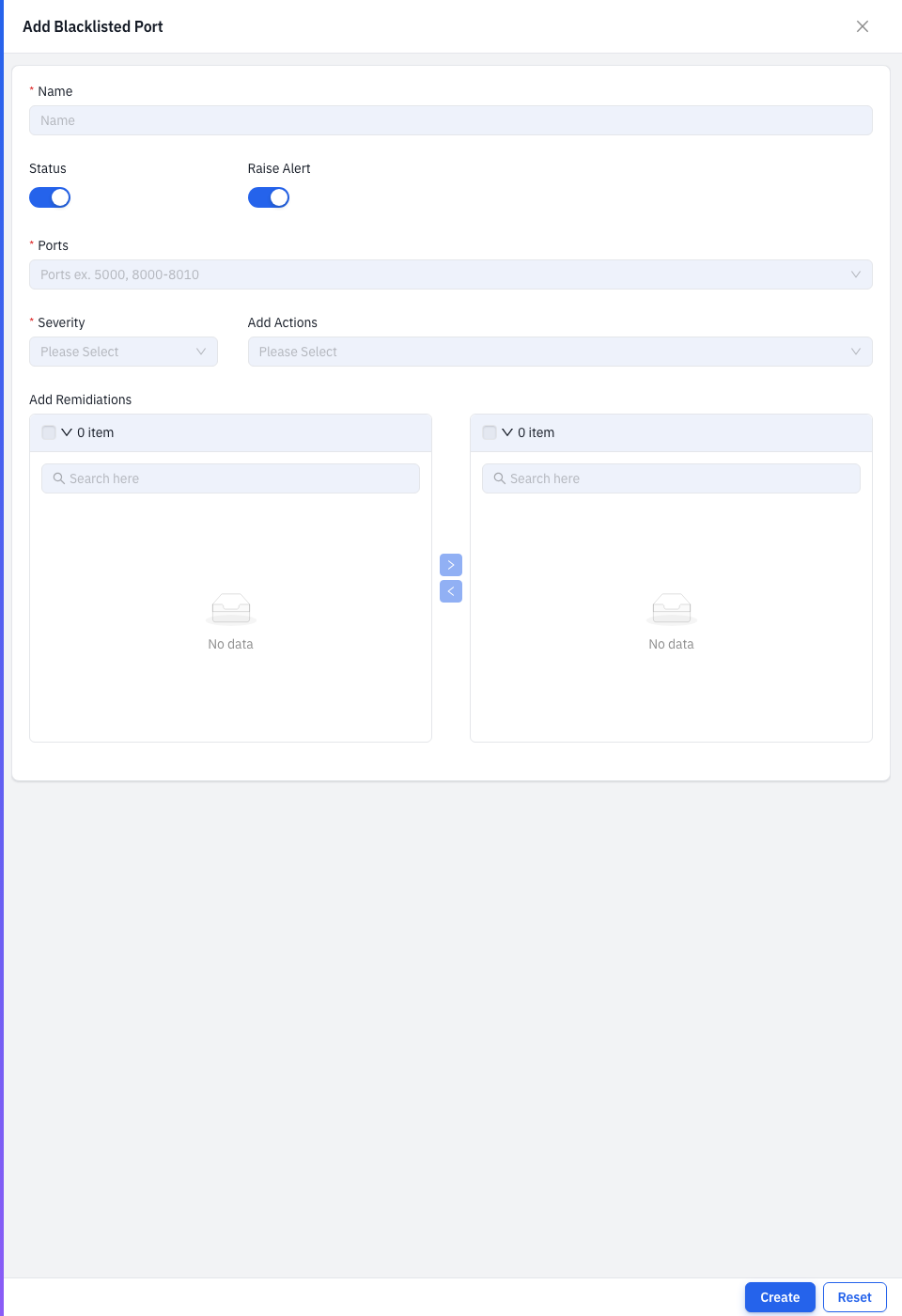Add Blacklisted Port form