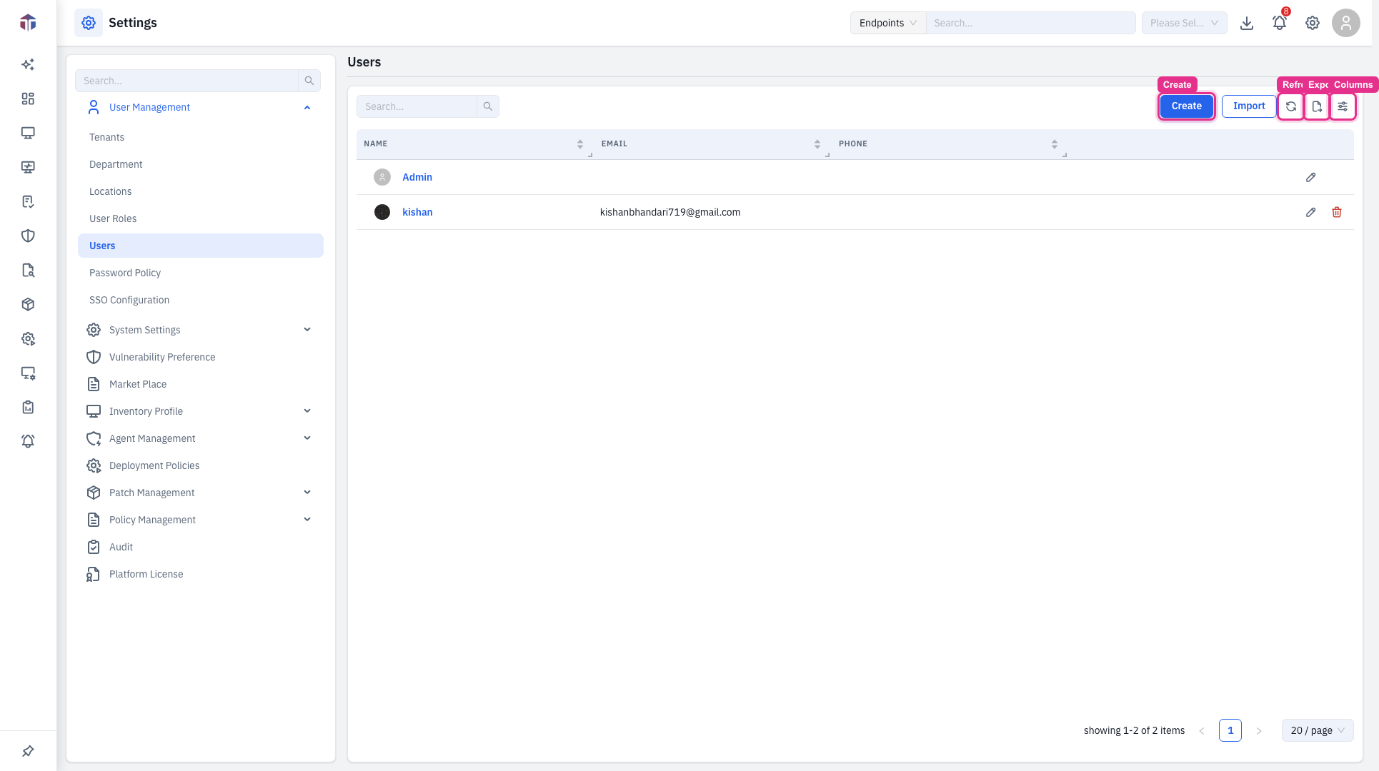 The list toolbar: Create, Import, Refresh, Export, and Columns