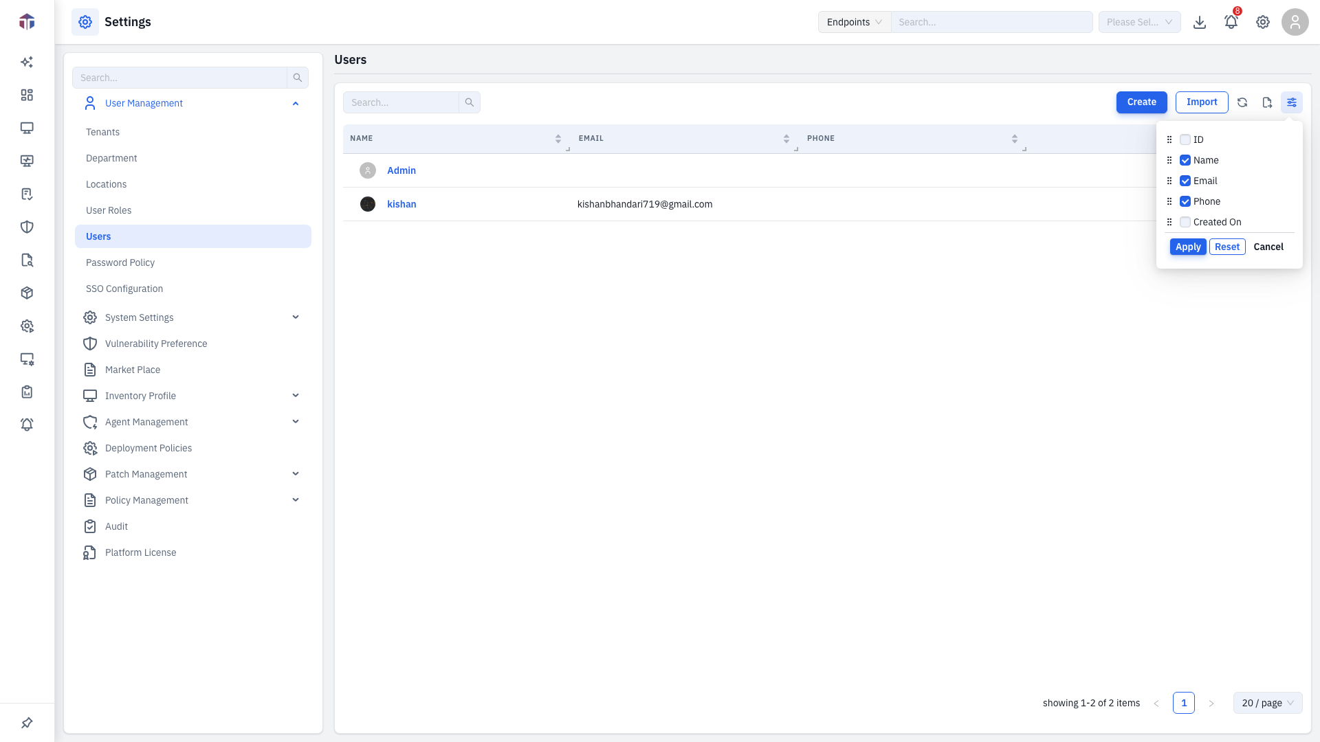 Users column picker