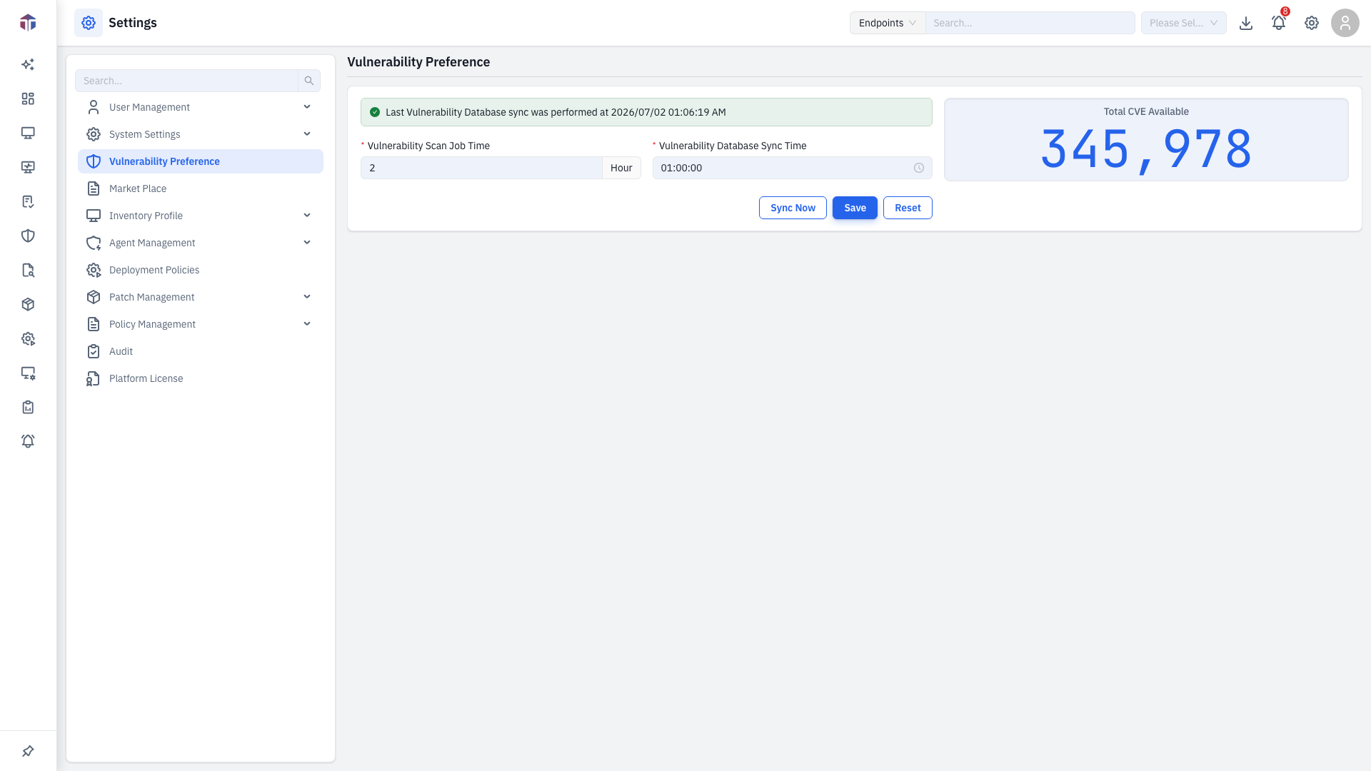 Vulnerability Preference form with the Total CVE Available counter