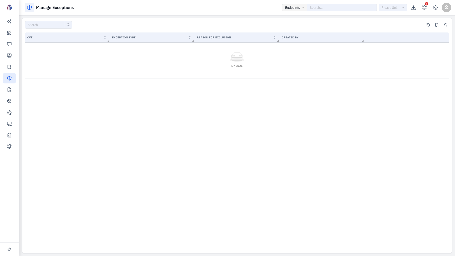 The Manage Exceptions list